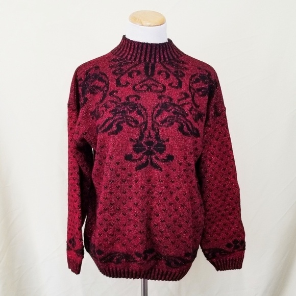 Vintage Sweater Black and Red Damask Metallic - Picture 1 of 6